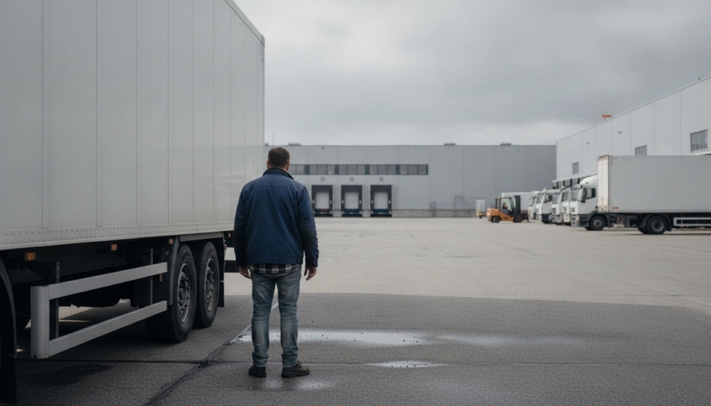 Berufskraftfahrer steht von hinten an einem Sattelauflieger auf einem Logistikhof in Deutschland