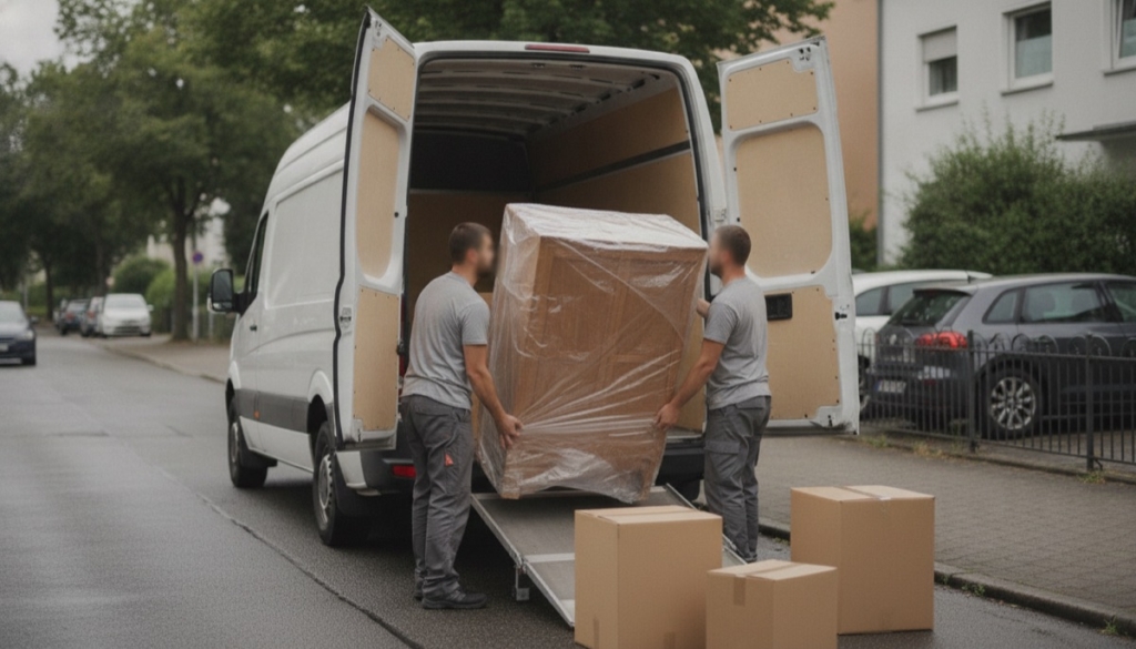 Zwei Umzugshelfer heben einen in Folie verpackten Schrank über eine Rampe in einen weißen Transporter