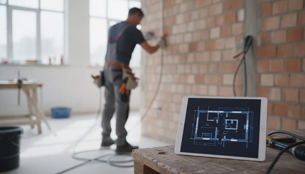 Elektriker verlegt Kabel auf einer Baustelle, daneben ein Tablet mit digitalem Bauplan