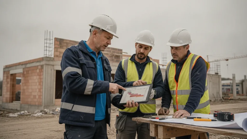 Bauleiter und zwei Arbeiter besprechen den Bauzeitplan auf einem Tablet