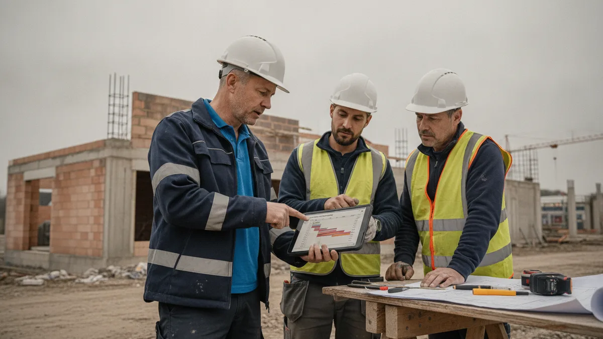 Bauleiter und zwei Arbeiter besprechen den Bauzeitplan auf einem Tablet