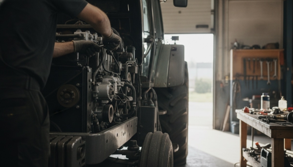 Mechaniker mit Arbeitshandschuhen am offenen Motorraum eines Traktors in einer Werkstatt