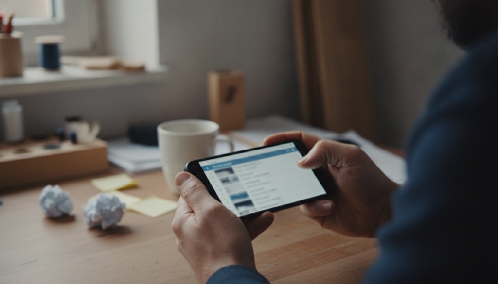 Hand hält ein Smartphone mit einer unscharfen Liste, im Hintergrund ein Schreibtisch mit Kaffeetasse